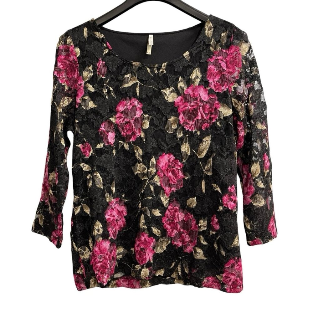 White Stag Black Floral Lace Top with Pink Roses